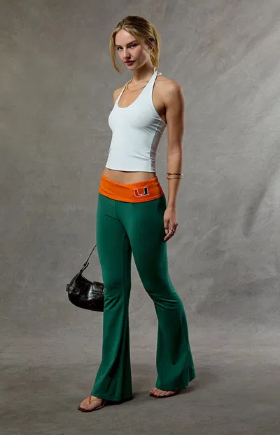 Wild Collective Women's Miami Hurricanes Fold-over Flare Yoga Pants In Green