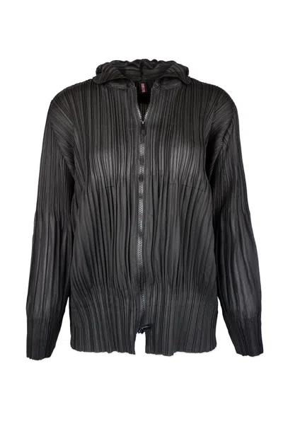 Wild Cosmos Women's Vanessa Zip Up Hooded Plissé Satin Jacket - Black