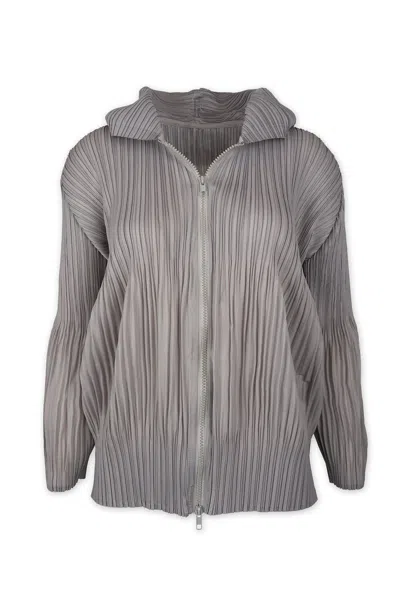 Wild Cosmos Women's Vanessa Zip Up Hooded Plissé Satin Jacket - Grey