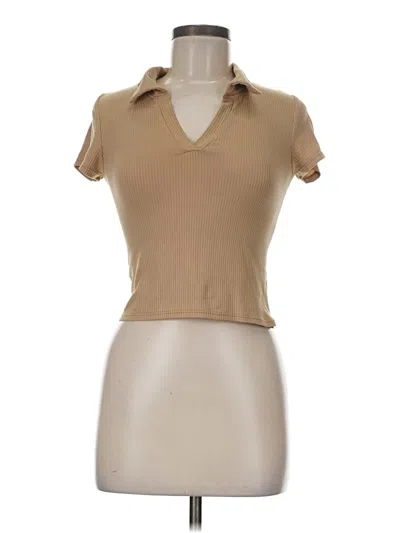 Pre-owned Wild Love Short Sleeve Top Tan Collared Neckline Tops In Brown