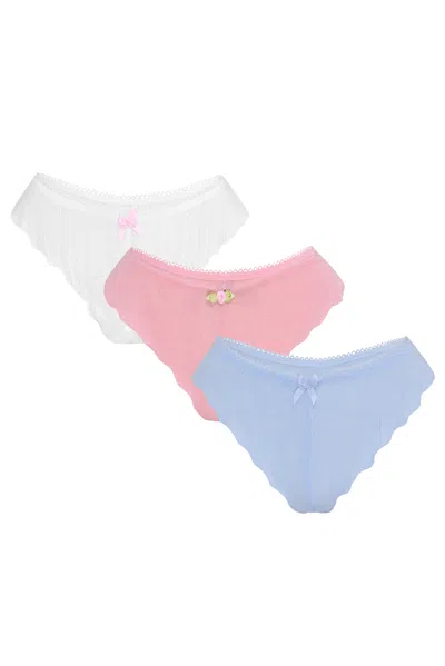 Wild Lovers London Women's Blue / White / Pink Jennifer French Knickers - Multipack In Blue/white/pink