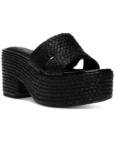 Wild Pair Niftyy Woven Espadrille Platform Wedge Slide Sandals, Created For Macy's In Black Raffia