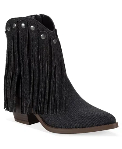 Wild Pair Women's Liiesel Fringe Block-heel Pointed-toe Booties, Macy's Exclusive In Black Denim