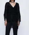 WILD PONY DEVORE VELVET KIMONO WITH FRINGE IN BLACK