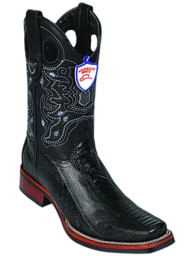 Pre-owned Wild West Boots Wild West Black Genuine Ostrich Leg Cowboy Boot Rodeo-square-toe Rubber Sole D