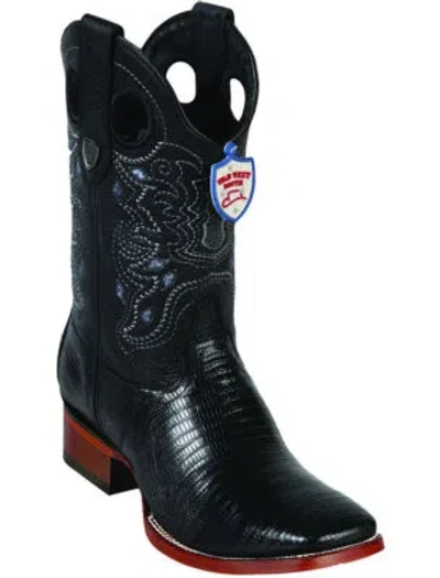 Pre-owned Wild West Boots Wild West Black Genuine Teju Lizard Cowboy Boot Ranch-wide Square-toe (ee)