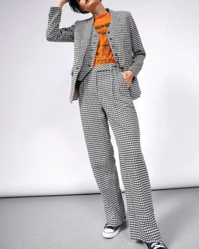 Wildfang The Empower Wide Leg Trouser In Houndstooth Weave Black/white