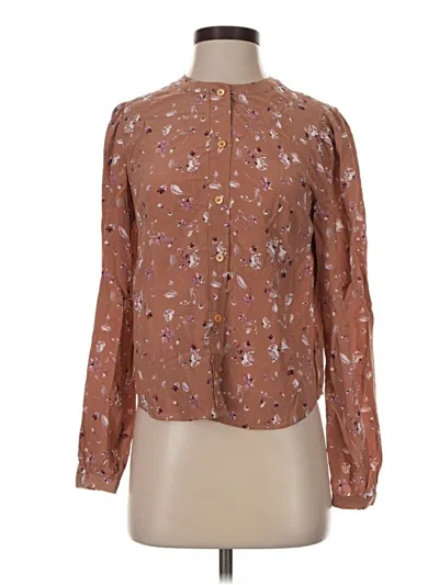Pre-owned Wilfred Long Sleeve Silk Top Brown Floral Pattern Mock Neckline Tops
