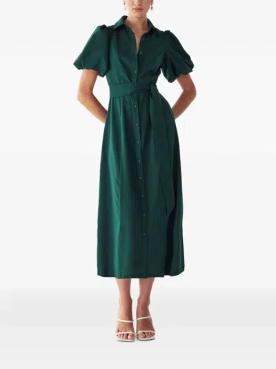 Willa Belted Puff-sleeve Midi Dress In Green