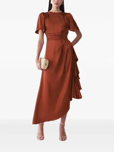 Willa Ruffled Satin Midi Dress In Brown