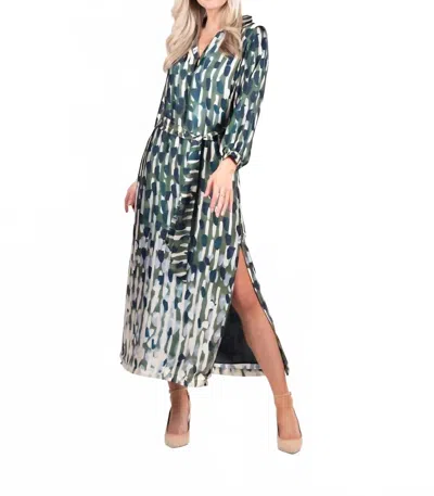 Willa Story Long Sleeve Button Front Side Slit Dress In Multi Olive In Green