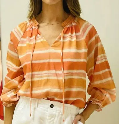 Willa Story Split Neck Blouse In Orange Stripe In Yellow