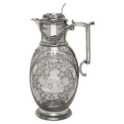 Pre-owned William And George Sissons Antique Victorian Silver & Etched Glass Claret Jug Wine Decanter London 1878 In Red
