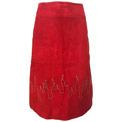 Pre-owned William B 1990s Fire Engine Red Suede Leather + Rhinestones Flames Vintage Late 90s Skirt