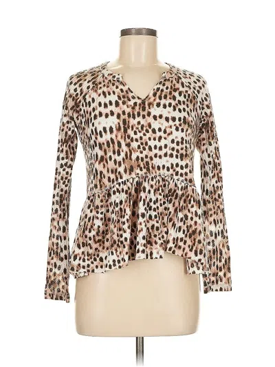 Pre-owned William Rast Long Sleeve Top Brown Animal Print Pattern Plunge Neckline Tops