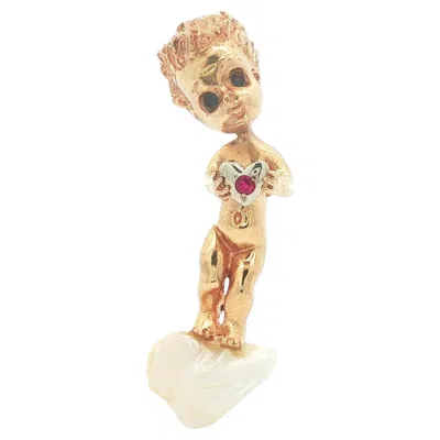Pre-owned William Ruser 14k Gold Sapphire Ruby & Pearl Cherub Child Holding Heart Brooch In Blue