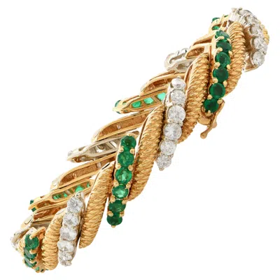 Pre-owned William Ruser Diamond And Emerald 18 Karat Yellow Gold Bracelet