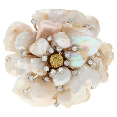 Pre-owned William Ruser Ruser Diamond Baroque Pearl Vintage Flower Brooch Gold 14k Plat 1.23ctw Gia Pin In Multi