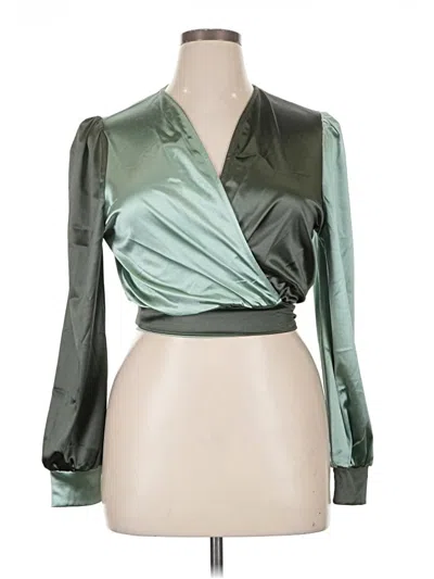 Pre-owned Willow & Root Long Sleeve Top Green Plunge Neckline Tops
