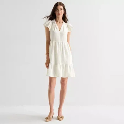Willow Glenn Womens Short Sleeve Embroidered Babydoll Dress In White