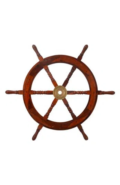 Willow Row Brown Wood Ship Wheel Sail Boat Wall Decor With Gold Hardware