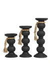 Willow Row Set Of 3 Wood Pillar Candle Holders In Black
