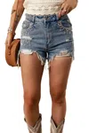 Willows Tassel Rhinestones Distressed Denim Shorts In Sky Blue In Blue