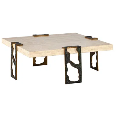 Pre-owned Willy Ceysens Vintage Travertine Cocktail Table With Bronze Accents By  In Gold