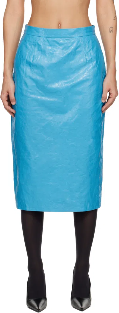 Willy Chavarria Blue Tubo Leather Midi Skirt