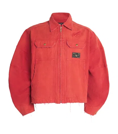Willy Chavarria Stockton Cropped Logo-detailed Distressed Denim Jacket In Red