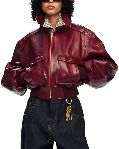 Willy Chavarria Cropped Leather Bomber Jacket In Burgundy
