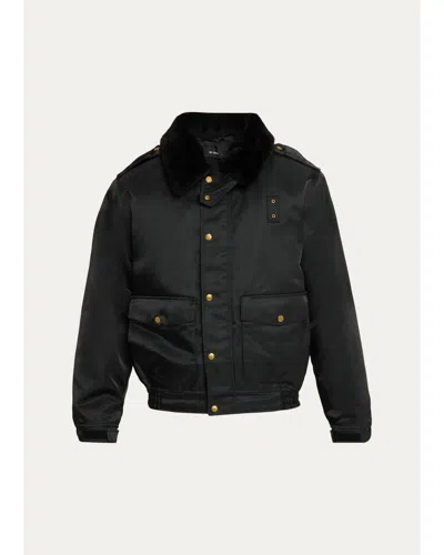 Willy Chavarria Faux-fur Collar Shiny Nylon Uniform Bomber Jacket In Black