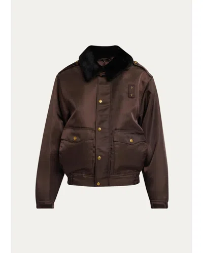 Willy Chavarria Faux-fur Collar Shiny Nylon Uniform Bomber Jacket In Brown