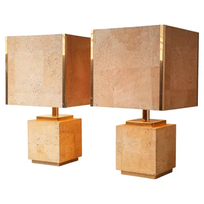 Pre-owned Willy Rizzo 1970s French Cork Veneer Table Lamps With Gilt Brass Accents In Brown
