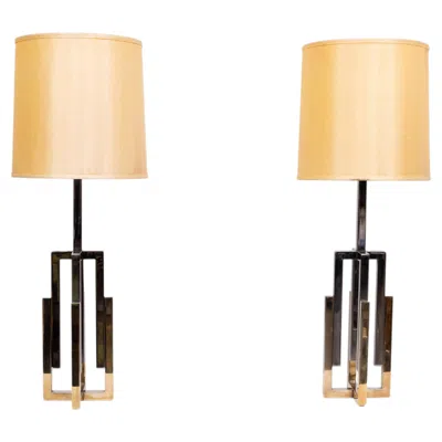 Pre-owned Willy Rizzo 1970s Hollywood Regency Table Lamps By , Brass & Chrome In Orange