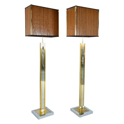 Pre-owned Willy Rizzo 1970s Pair Italian Chrome Brass Bamboo Standard Floor Lamps Hollywood Regency In Brown