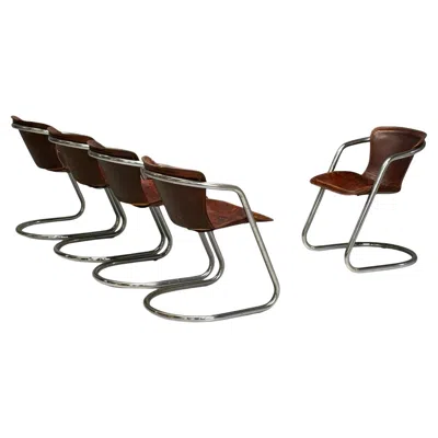 Pre-owned Willy Rizzo Attr, Chromed Steel, Leather, Tubular Dining Chairs, Italy, 1970s In Black