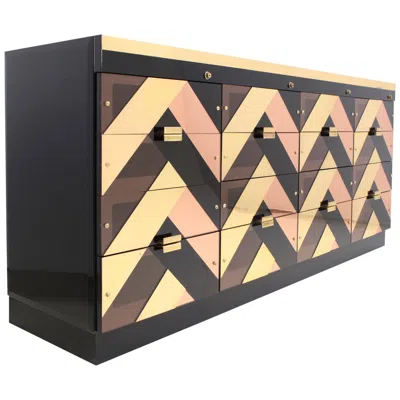 Pre-owned Willy Rizzo Brass, Lucite And Lacquer Sideboard With 16 Drawers In Black