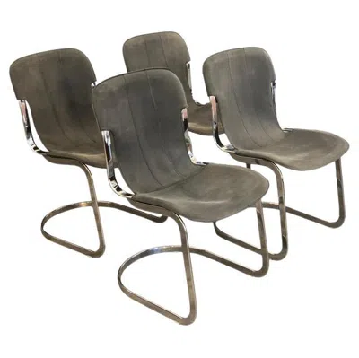 Pre-owned Willy Rizzo C2 70s Production Chromed Steel Frame Gray Vintage Leather Set Of 4