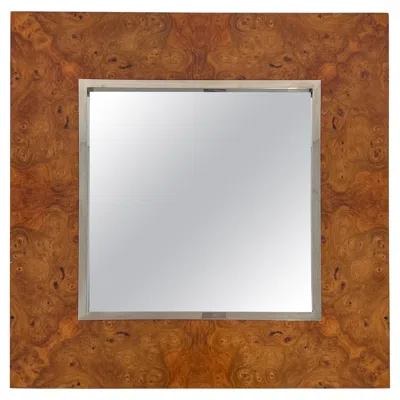 Pre-owned Willy Rizzo Elm Burl Veneer And Chrome Square Mirror By . Circa 1970 In Brown