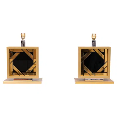 Pre-owned Willy Rizzo Hollywood Regency Table Lamps By , Brass On Black Glass