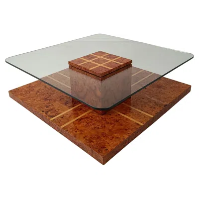 Pre-owned Willy Rizzo Italian 1970s Square Coffee Table Inlaid With Elm Burl And Oak Burl With Glass In Brown