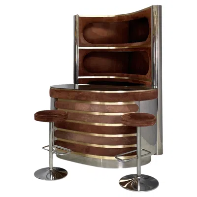 Pre-owned Willy Rizzo Italian Modern Bar Cabinet With Stools In Suede And Metal By , 1970s In Black