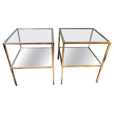 Pre-owned Willy Rizzo Italian  Style Pair Of Brass Coffee Tables With Glass And Mirror Tops In Gray