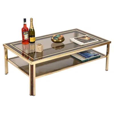 Pre-owned Willy Rizzo Large Coffee Table In Brass, Burl, Smoked Glass, Italy, 1970s In Brown