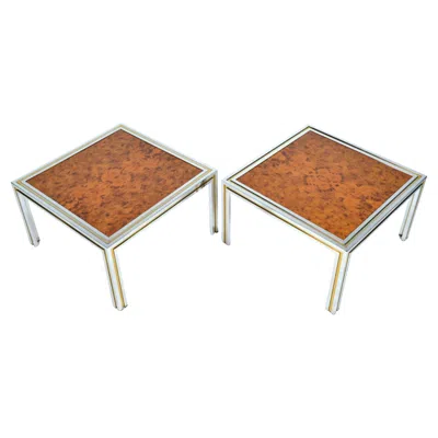 Pre-owned Willy Rizzo Large Pair 1970s Italian Chrome Brass Burr Elm Wood Side Lamp Occasional Tables In Brown
