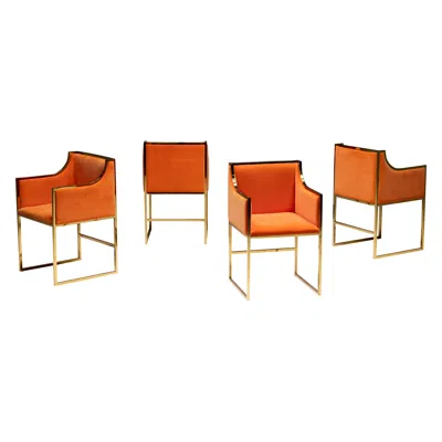 Pre-owned Willy Rizzo Maison Jansen Brass And Orange Velvet Armchairs, 1980s