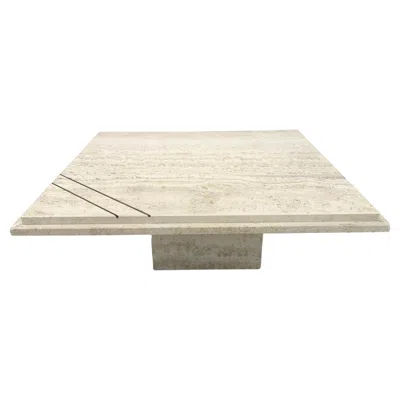 Pre-owned Willy Rizzo Mid Century Post Modern Travertine Square Low Coffee Table With Brass Details In Sand