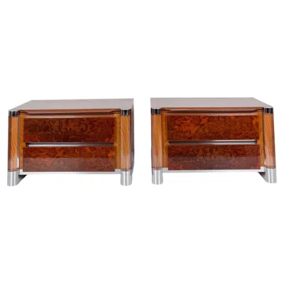 Pre-owned Willy Rizzo Midcentury Burl Wood, Chrome And Lucite Nightstands In The Style Of  In Brown