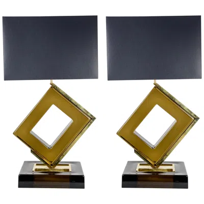 Pre-owned Willy Rizzo Pair Of 1970s Smoke Glass Table Lamps In The Style Of  In Black